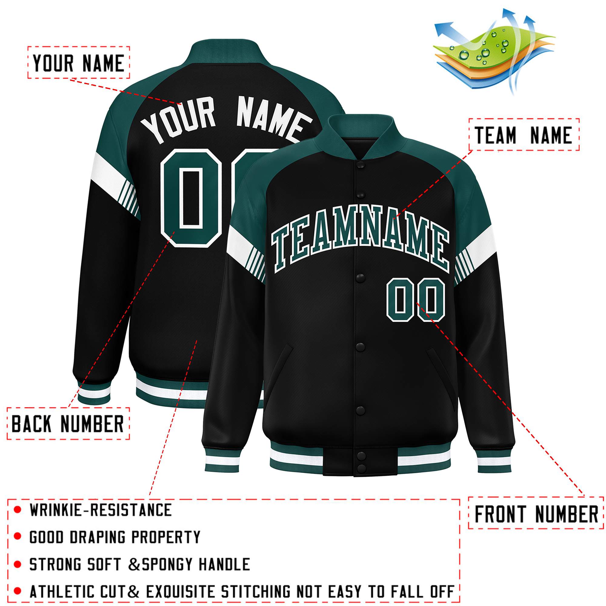 Custom Black Midnight Green-White Varsity Full-Snap Color Block Letterman Jacket