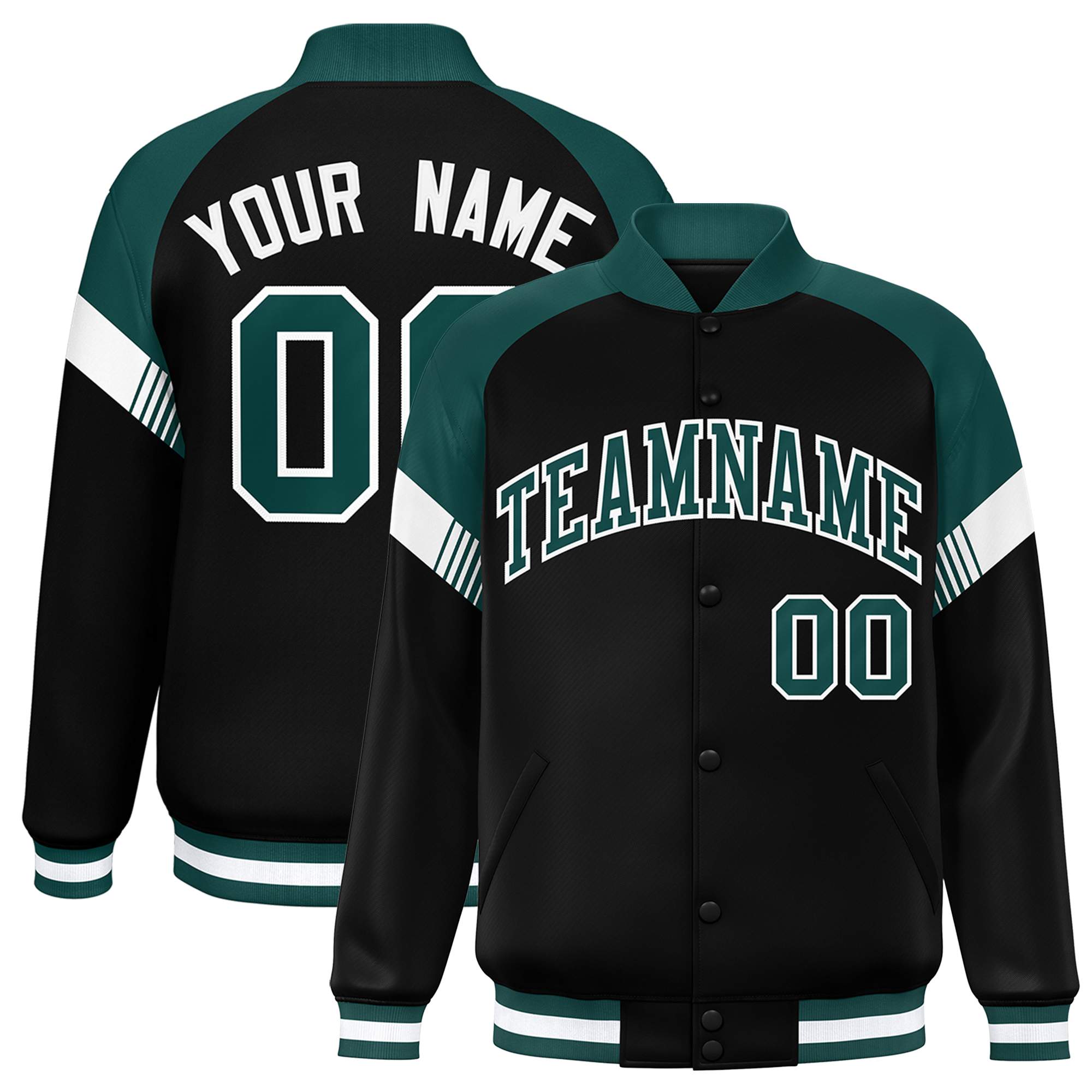 Custom Black Midnight Green-White Varsity Full-Snap Color Block Letterman Jacket