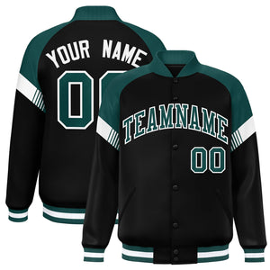 Custom Black Midnight Green-White Varsity Full-Snap Color Block Letterman Jacket