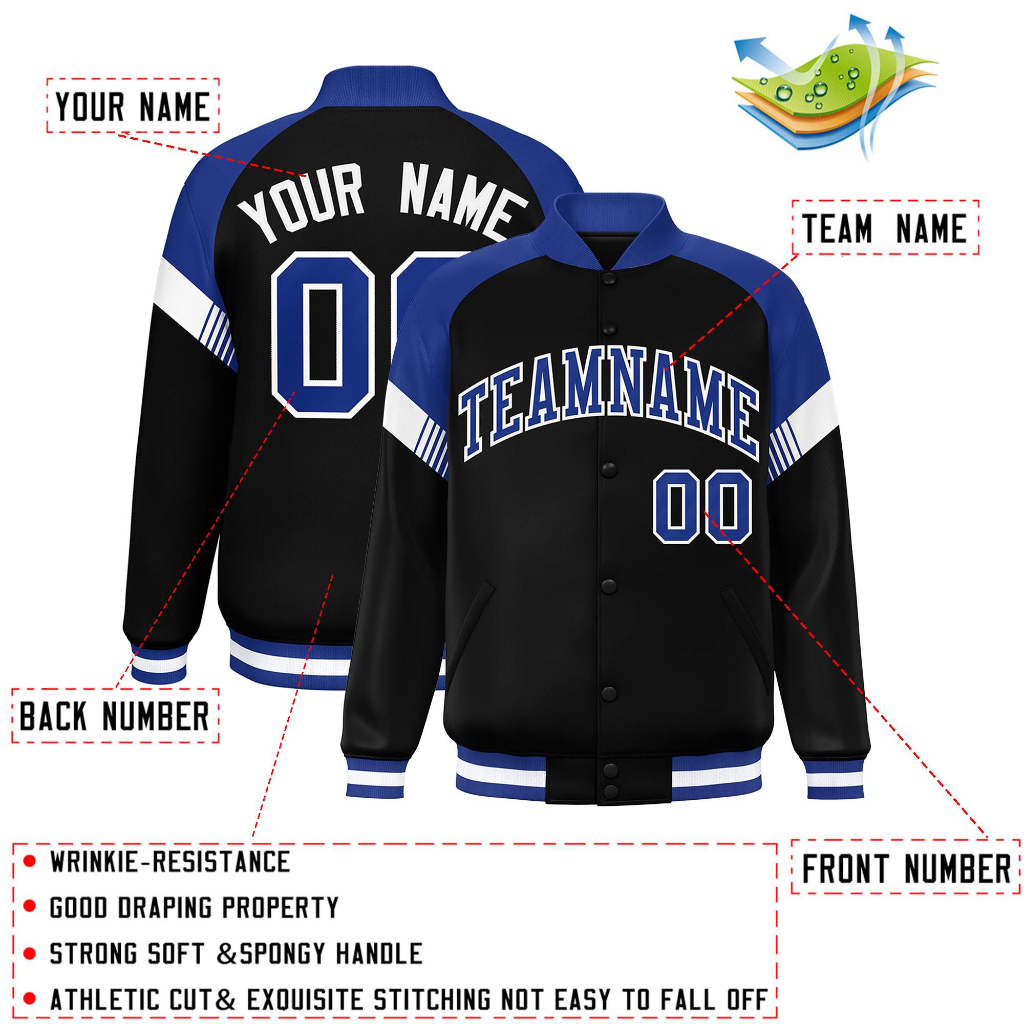 Custom Black Royal-White Varsity Full-Snap Color Block Letterman Jacket