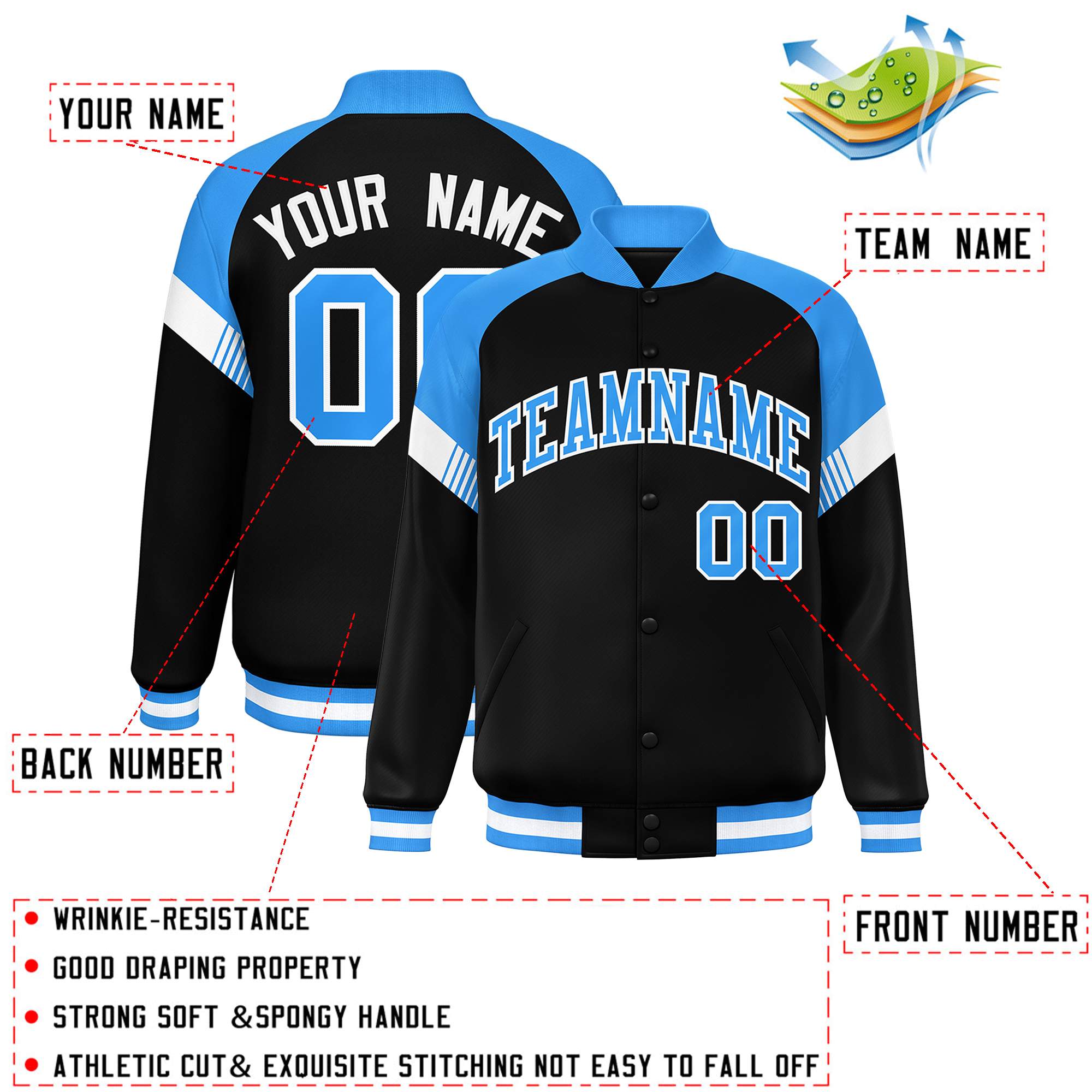 Custom Black Powder Blue-White Varsity Full-Snap Color Block Letterman Jacket