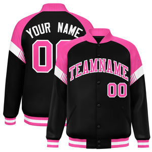 Custom Black Pink-White Varsity Full-Snap Color Block Letterman Jacket