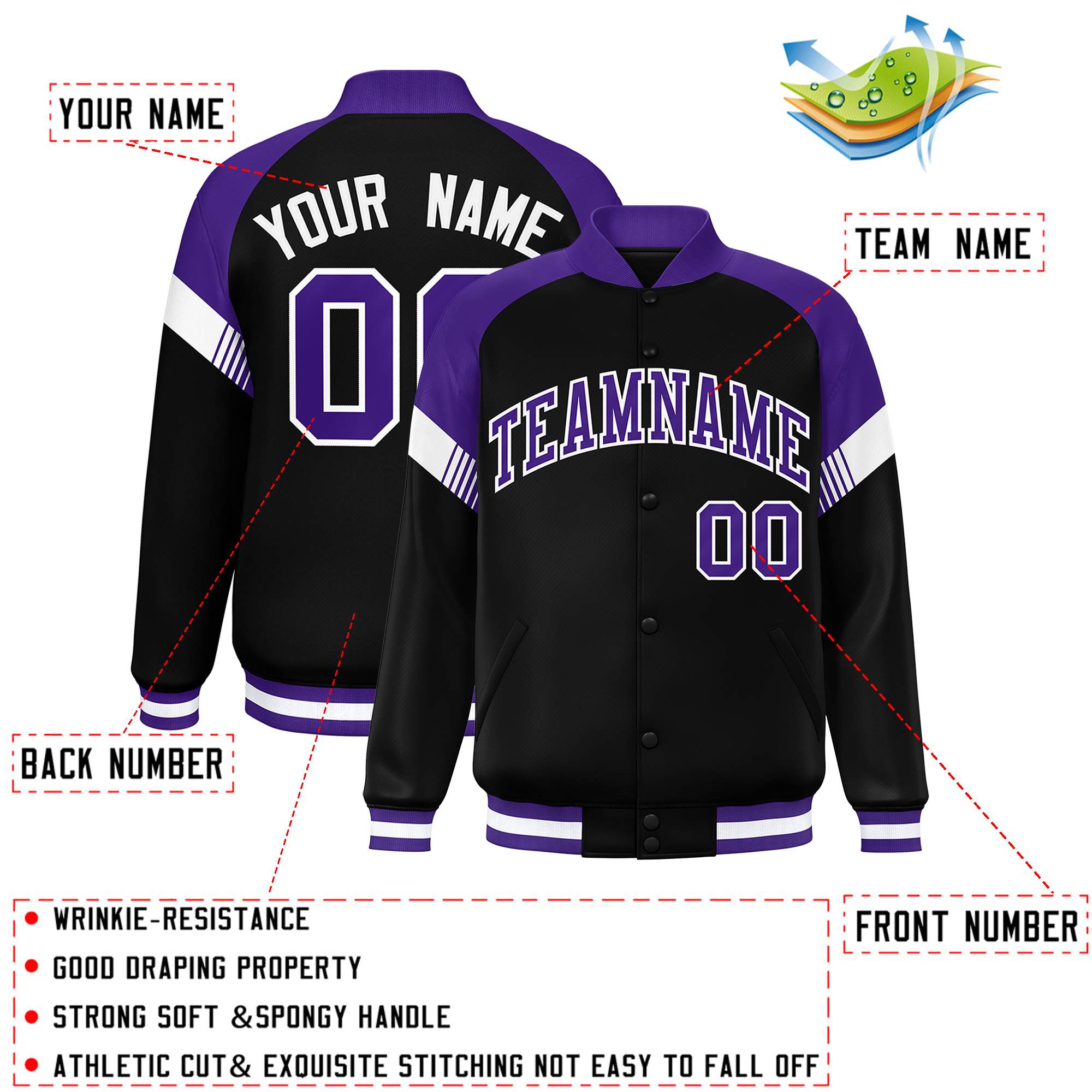 Custom Black Purple-White Varsity Full-Snap Color Block Letterman Jacket