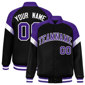 Custom Black Purple-White Varsity Full-Snap Color Block Letterman Jacket