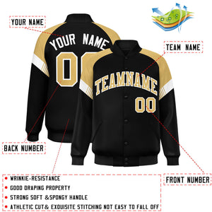 Custom Black Old Gold-White Varsity Full-Snap Color Block Letterman Jacket