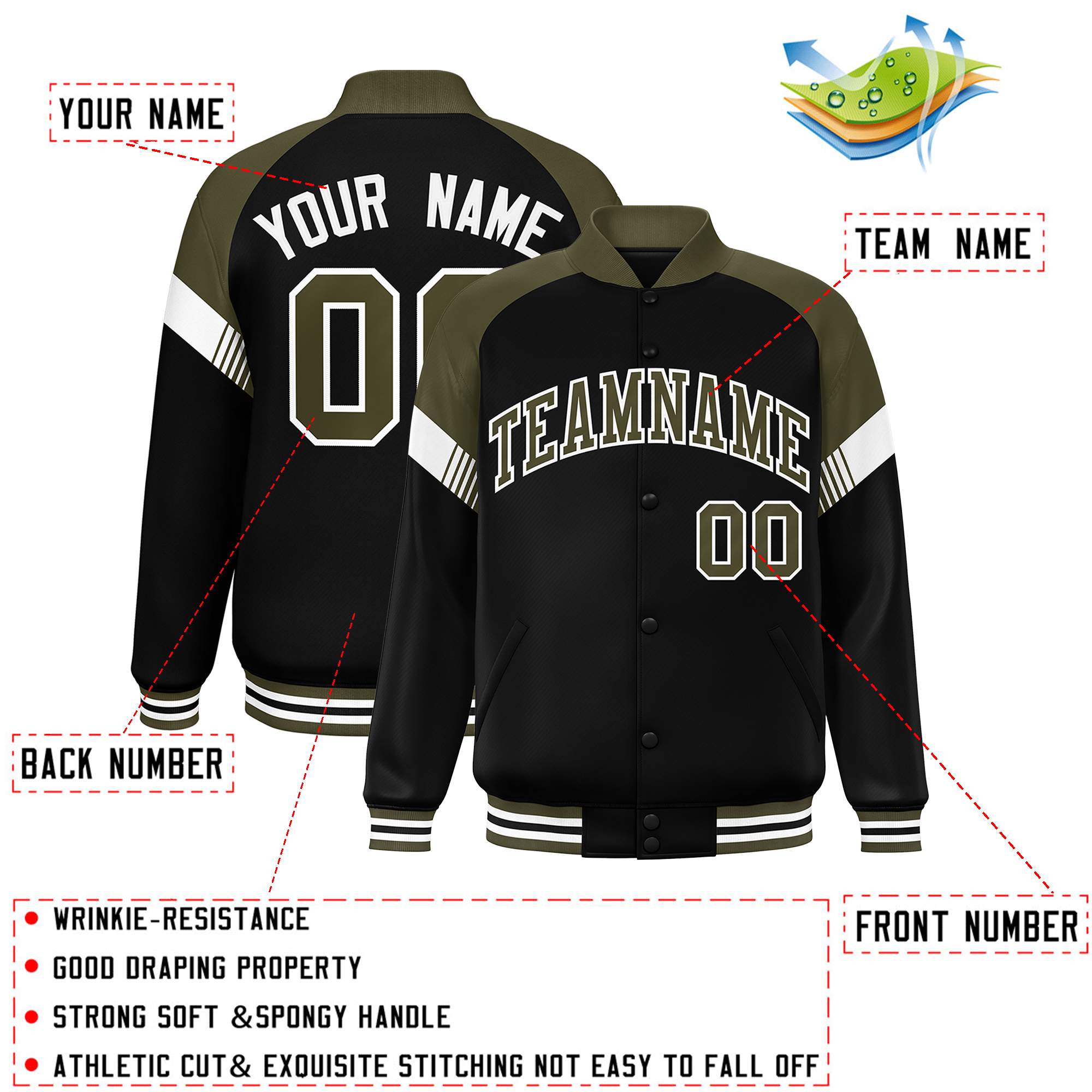 Custom Black Olive-White Varsity Full-Snap Color Block Letterman Jacket