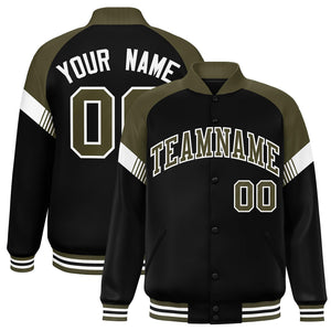 Custom Black Olive-White Varsity Full-Snap Color Block Letterman Jacket