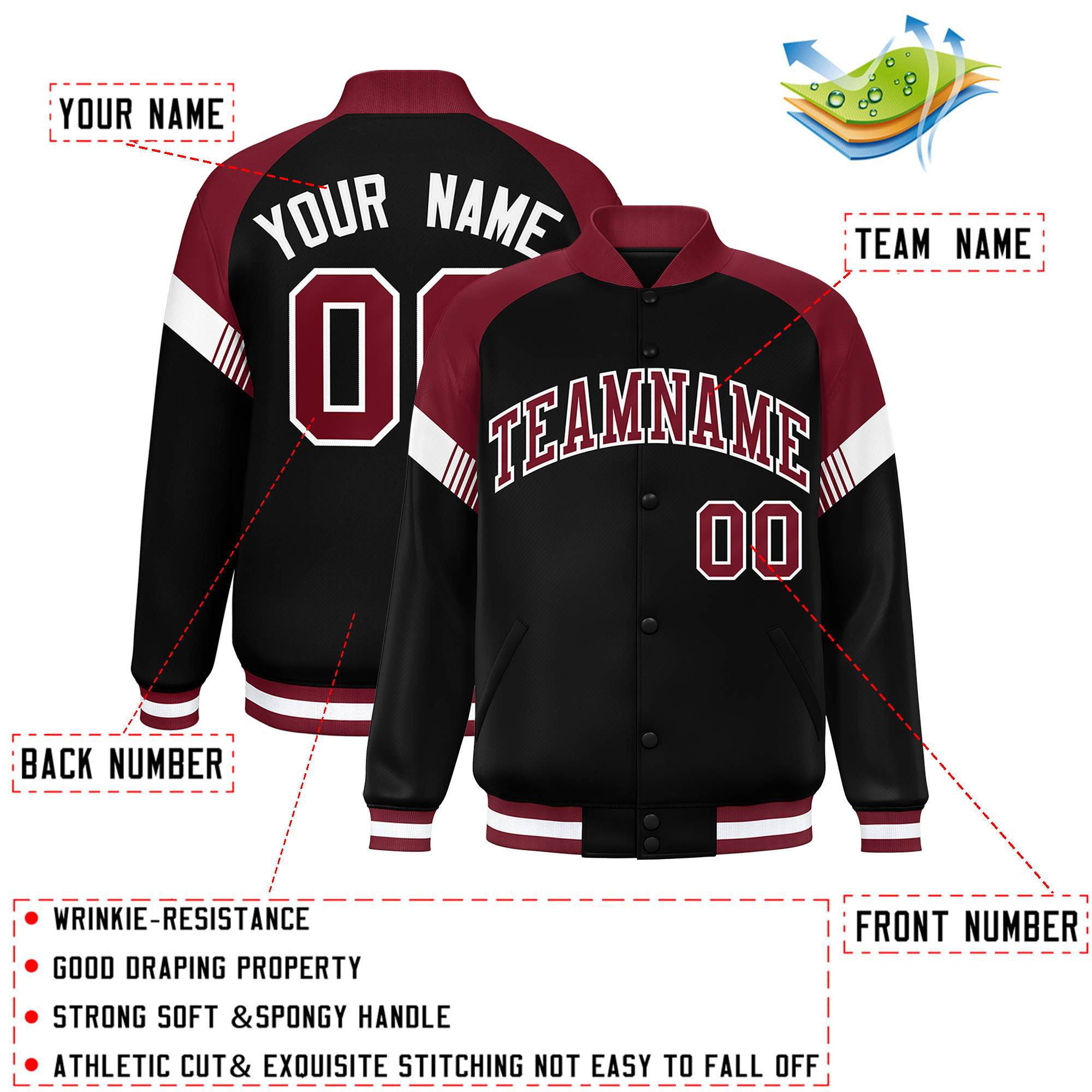 Custom Black Crimson-White Varsity Full-Snap Color Block Letterman Jacket