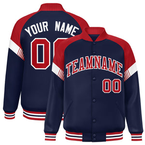 Custom Navy Red-White Varsity Full-Snap Color Block Letterman Jacket