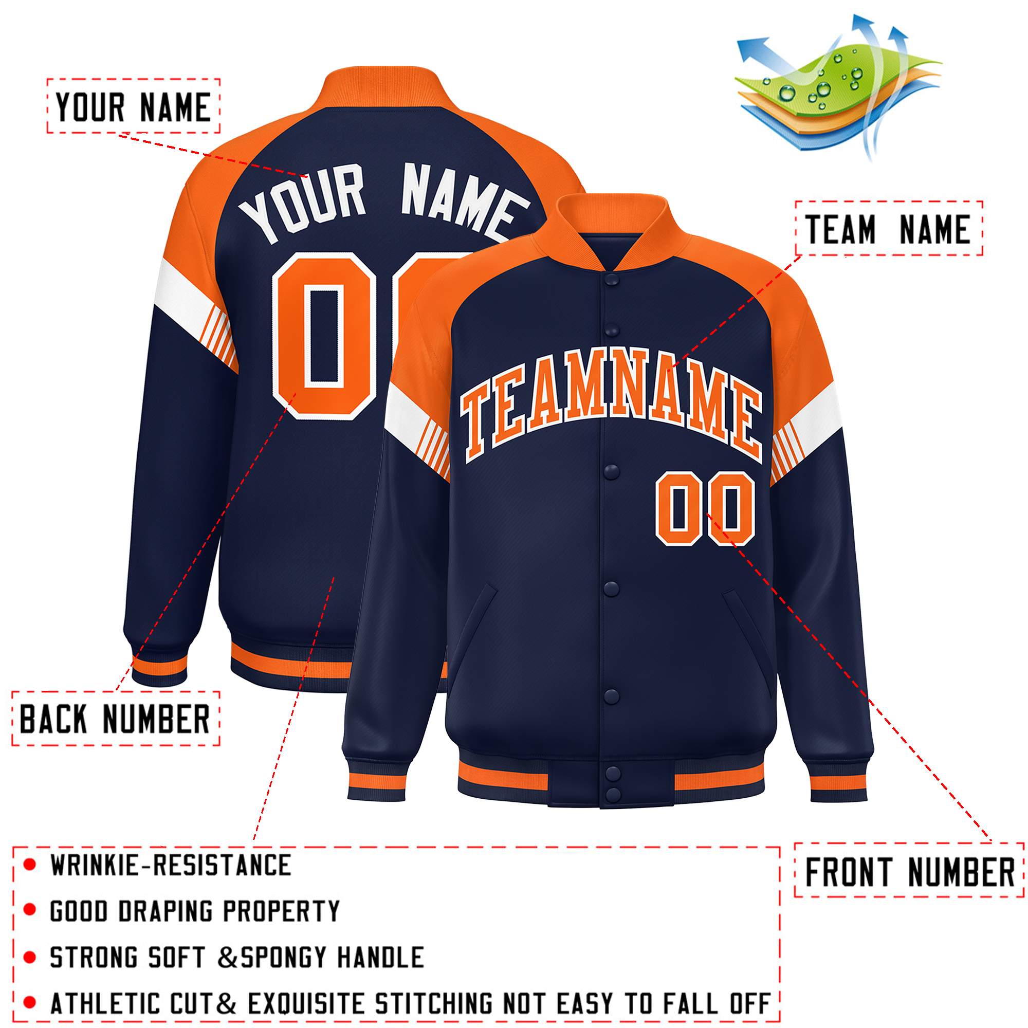 Custom Navy Orange-White Varsity Full-Snap Color Block Letterman Jacket