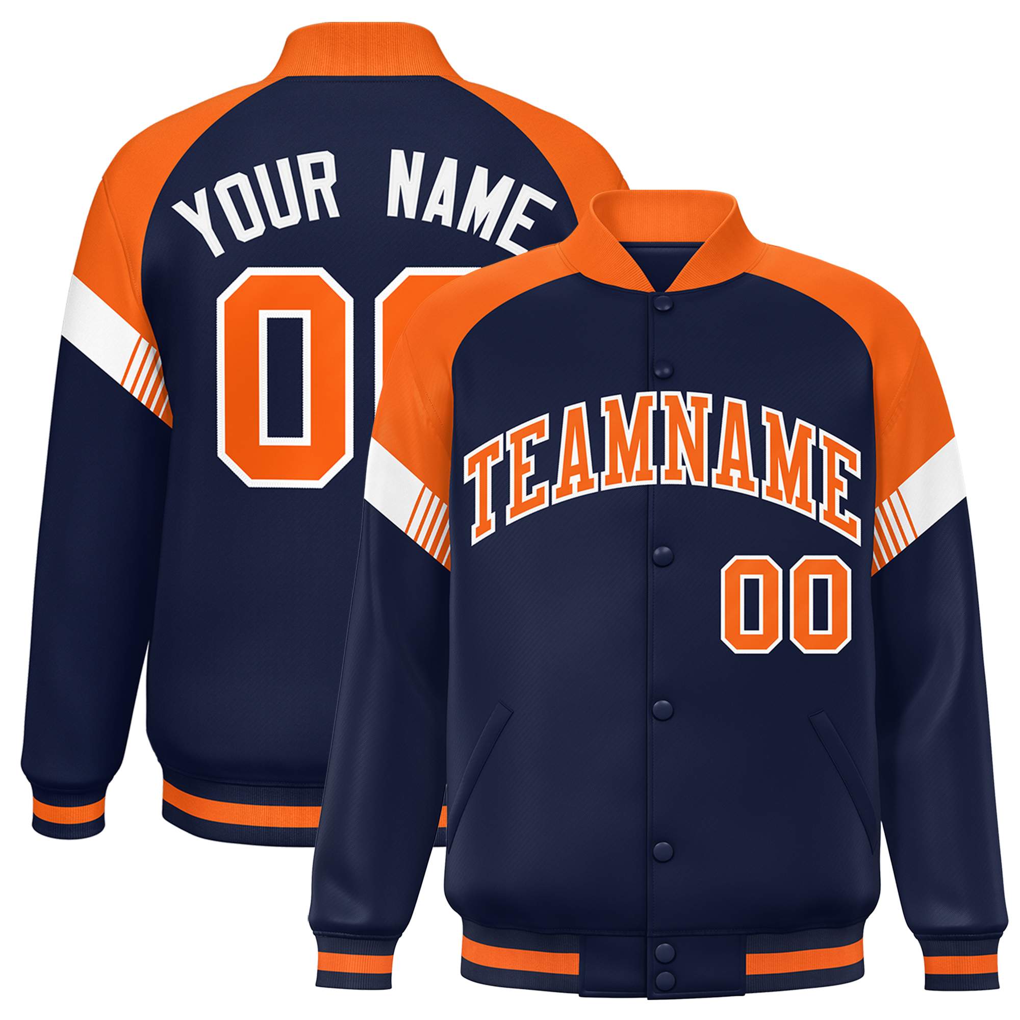 Custom Navy Orange-White Varsity Full-Snap Color Block Letterman Jacket