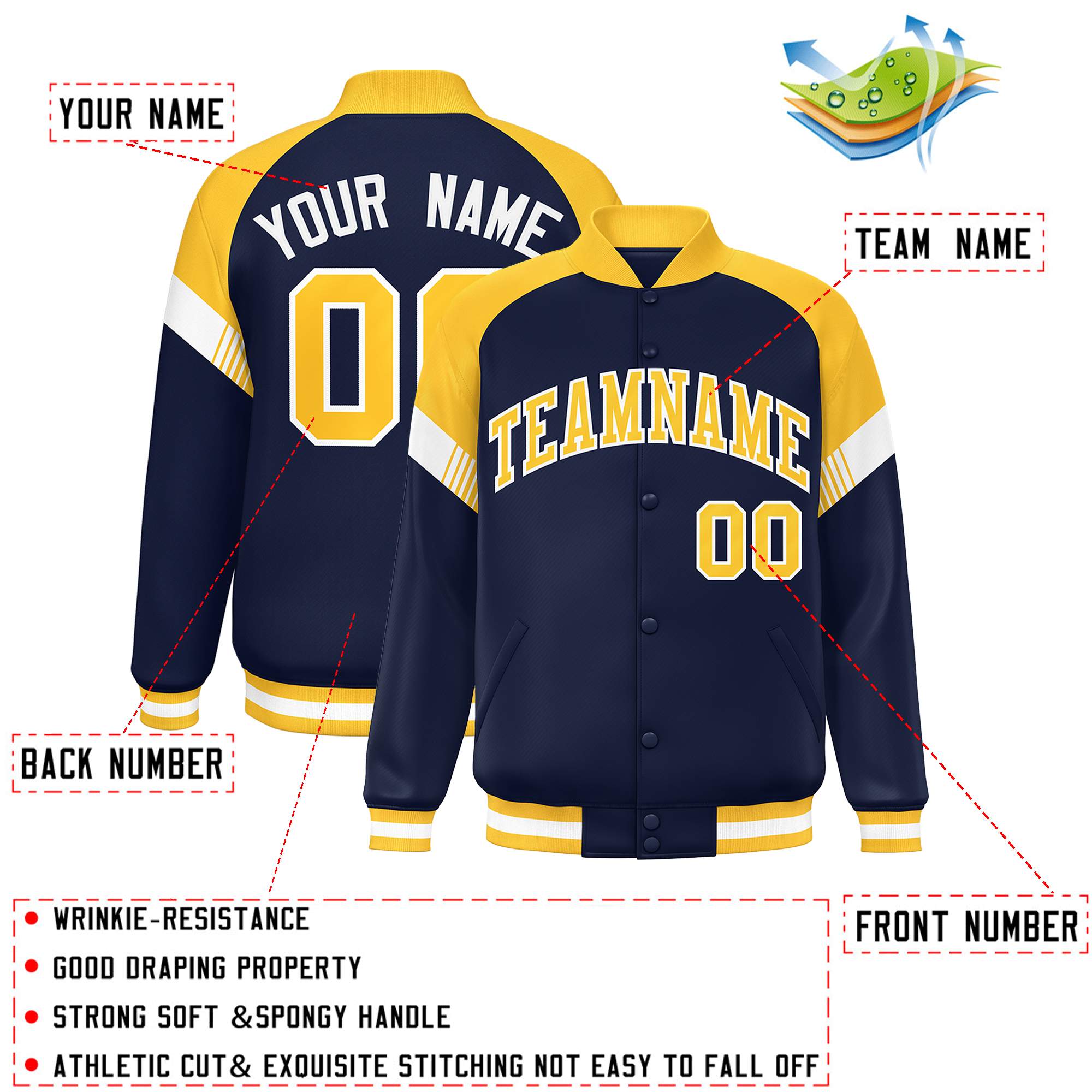 Custom Navy Gold-White Varsity Full-Snap Color Block Letterman Jacket