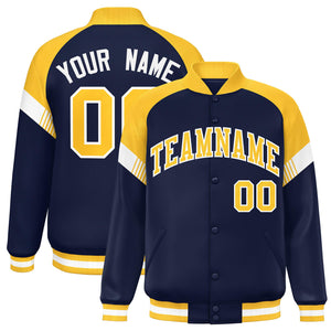 Custom Navy Gold-White Varsity Full-Snap Color Block Letterman Jacket