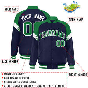 Custom Navy Kelly Green-White Varsity Full-Snap Color Block Letterman Jacket