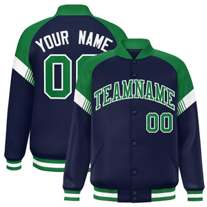 Custom Navy Kelly Green-White Varsity Full-Snap Color Block Letterman Jacket