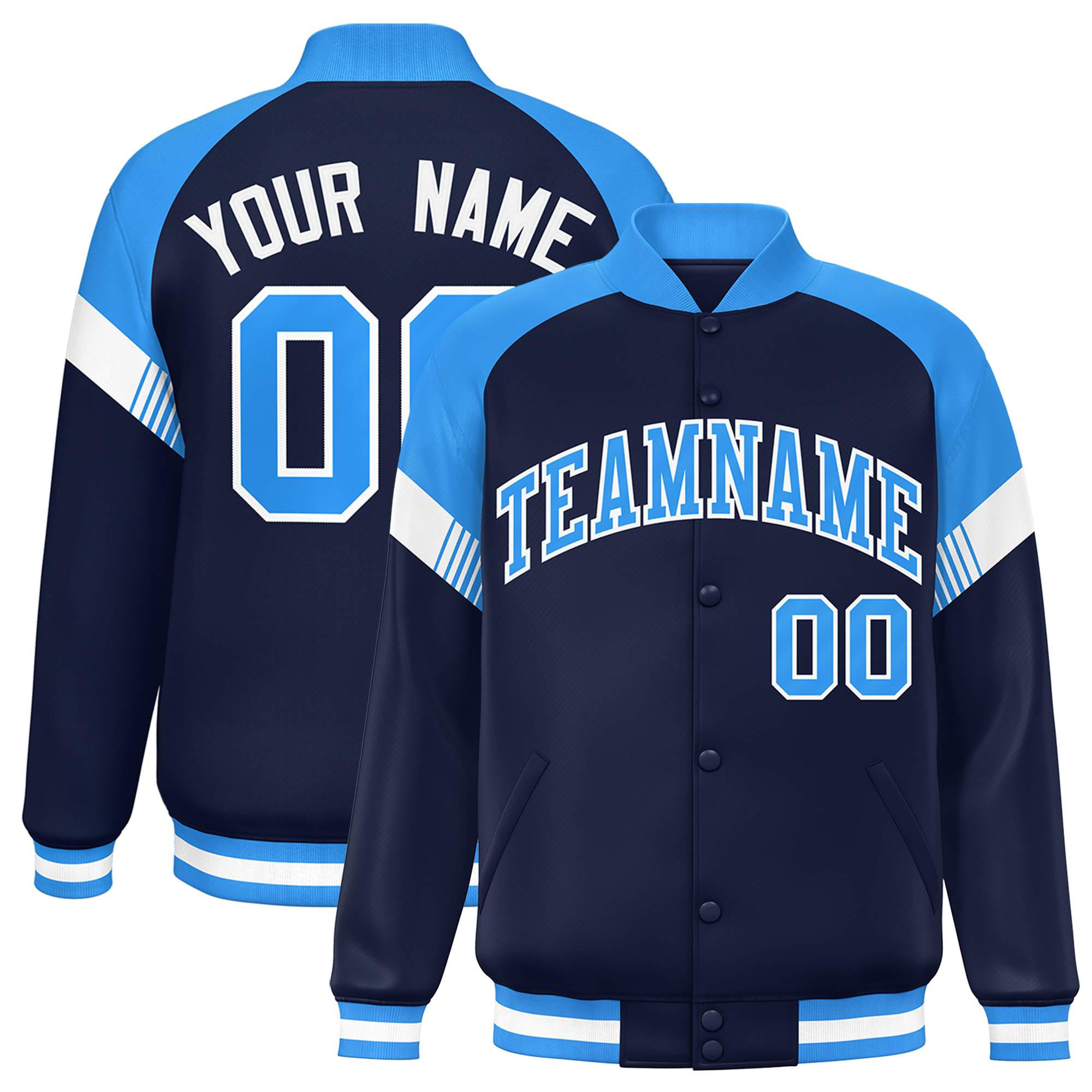 Custom Navy Powder Blue-White Varsity Full-Snap Color Block Letterman Jacket