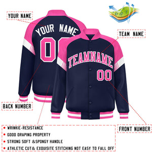 Custom Navy Pink-White Varsity Full-Snap Color Block Letterman Jacket