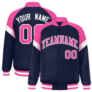 Custom Navy Pink-White Varsity Full-Snap Color Block Letterman Jacket