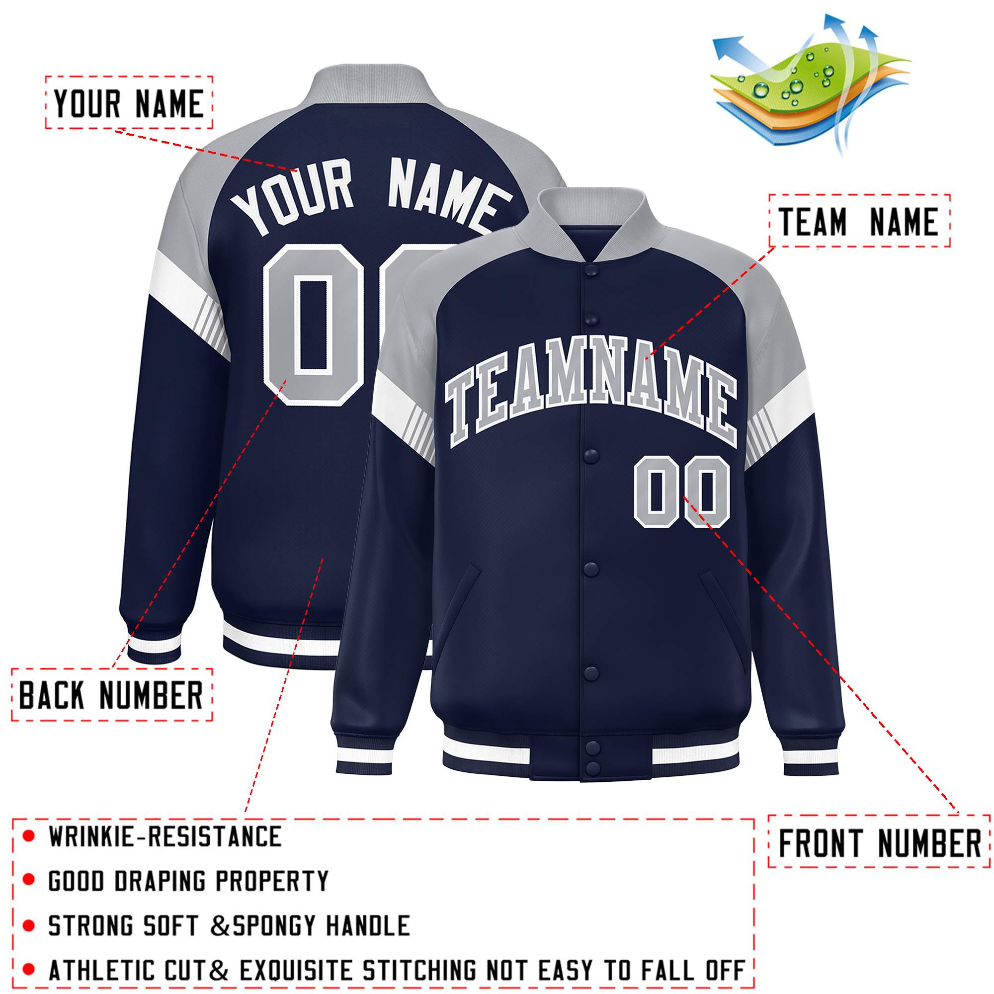 Custom Navy Gray-White Varsity Full-Snap Color Block Letterman Jacket