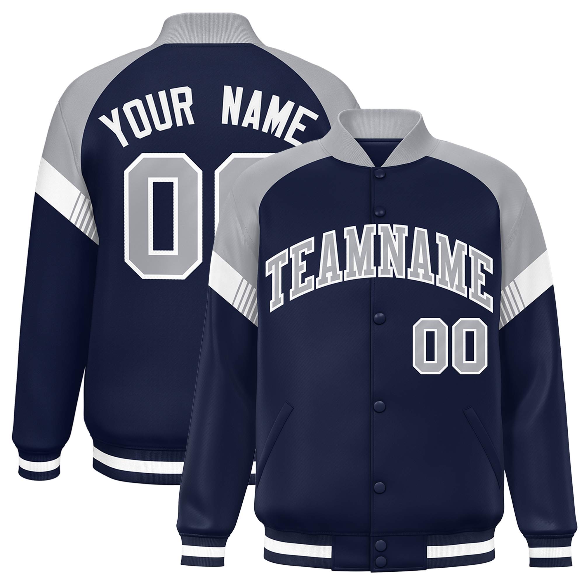 Custom Navy Gray-White Varsity Full-Snap Color Block Letterman Jacket