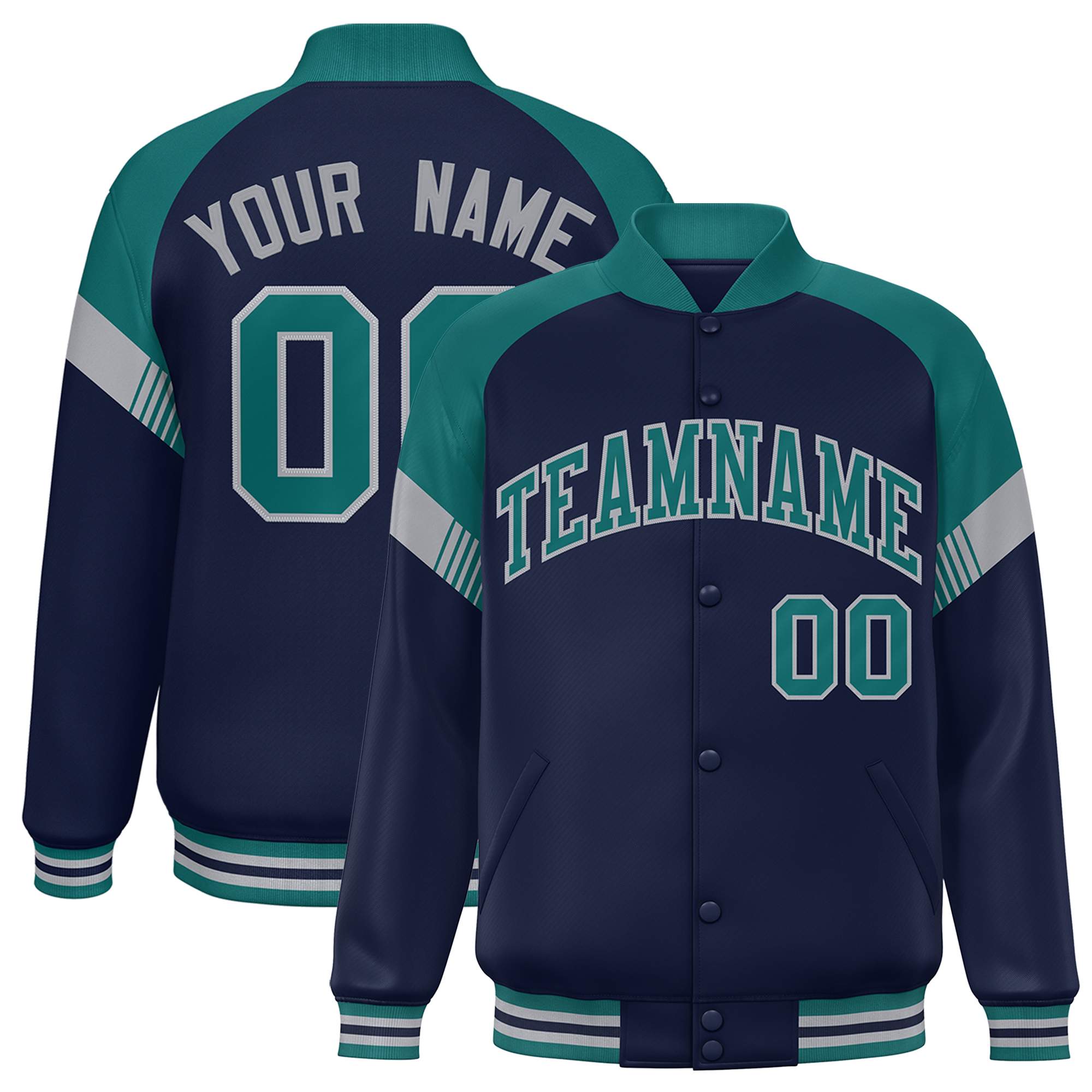 Custom Navy Aqua-Gray Varsity Full-Snap Color Block Letterman Jacket