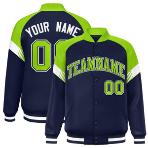 Custom Navy Neon Green-White Varsity Full-Snap Color Block Letterman Jacket