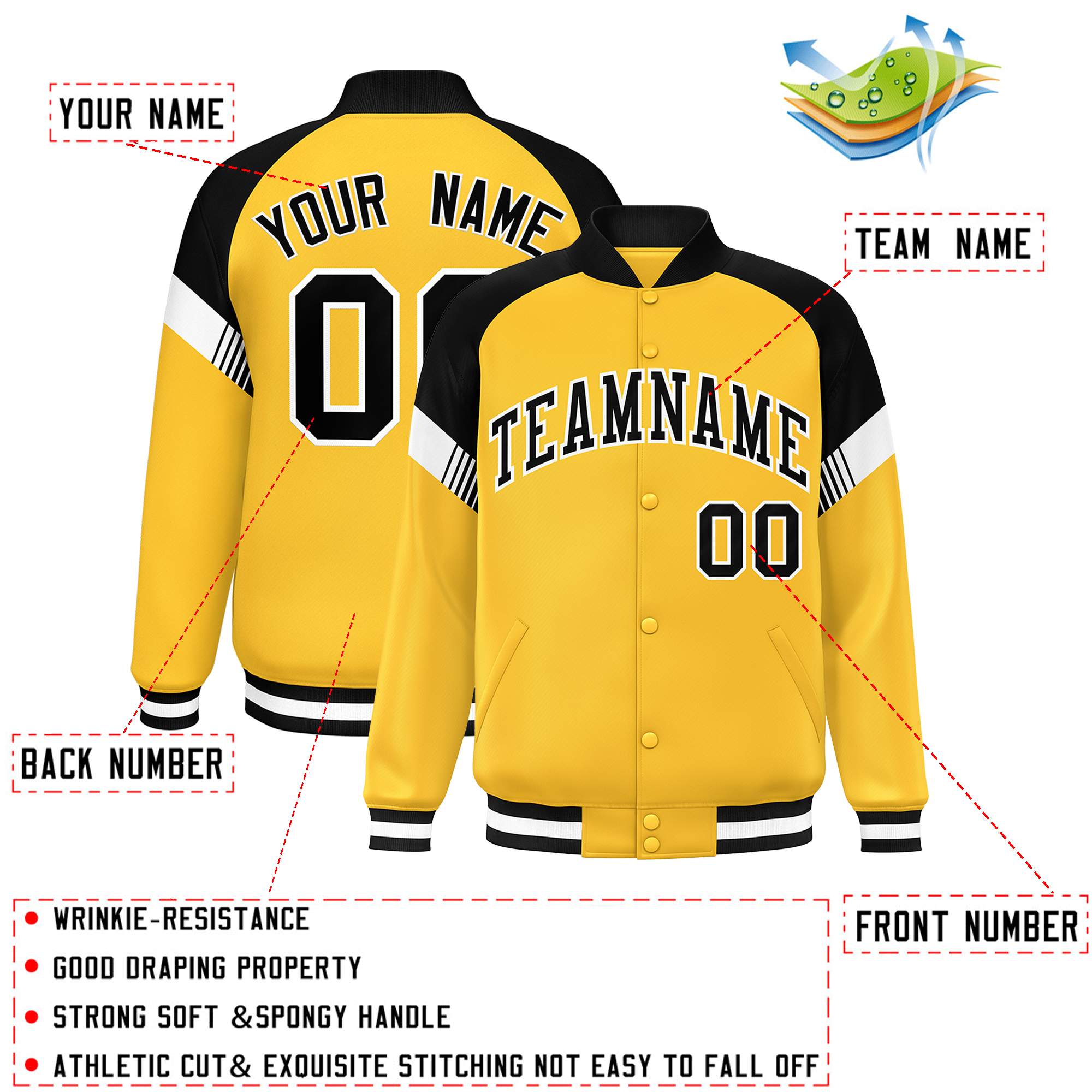 Custom Gold Black-White Varsity Full-Snap Color Block Letterman Jacket