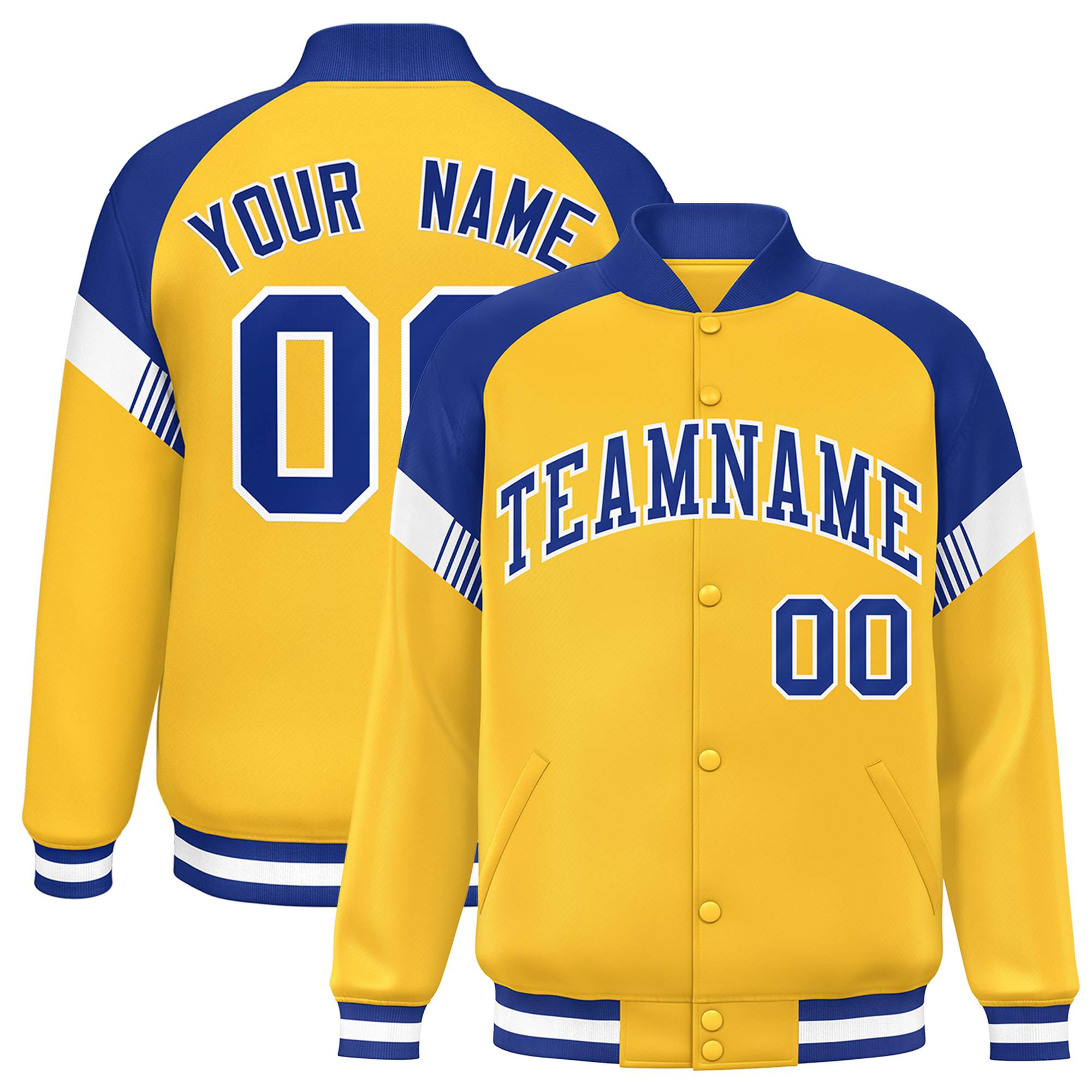 Custom Gold Royal-White Varsity Full-Snap Color Block Letterman Jacket