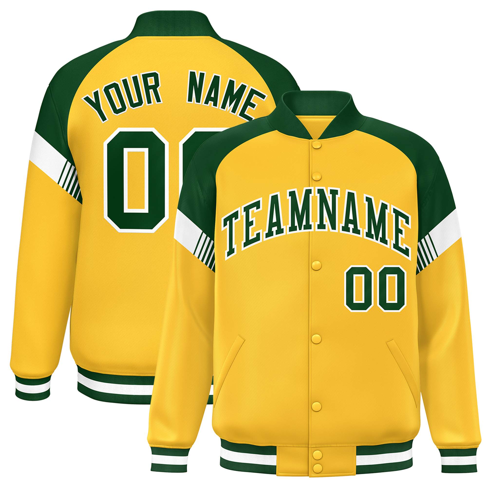 Custom Gold Green-White Varsity Full-Snap Color Block Letterman Jacket