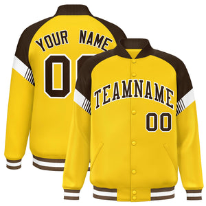 Custom Gold Brown-White Varsity Full-Snap Color Block Letterman Jacket