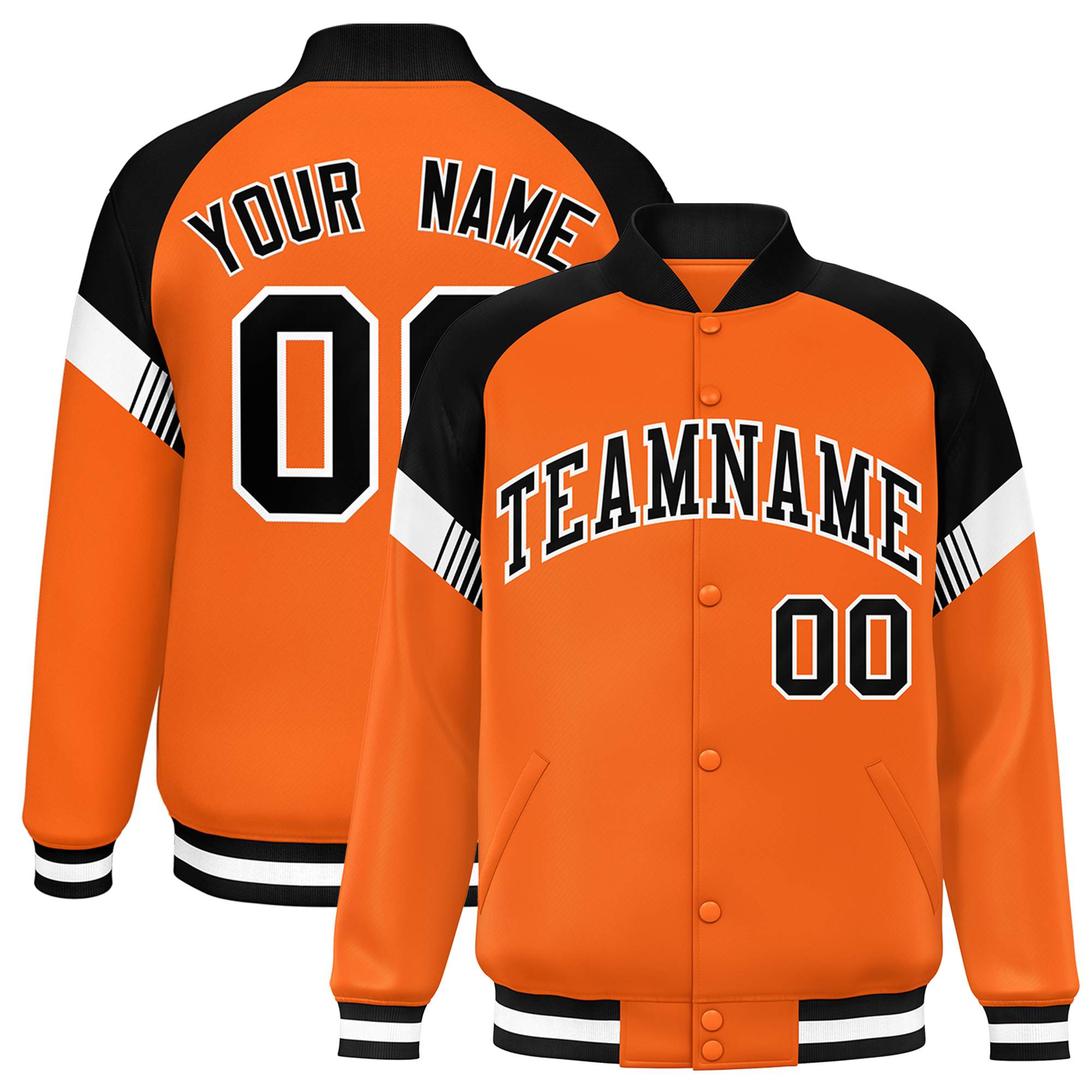 Custom Orange Black-White Varsity Full-Snap Color Block Letterman Jacket