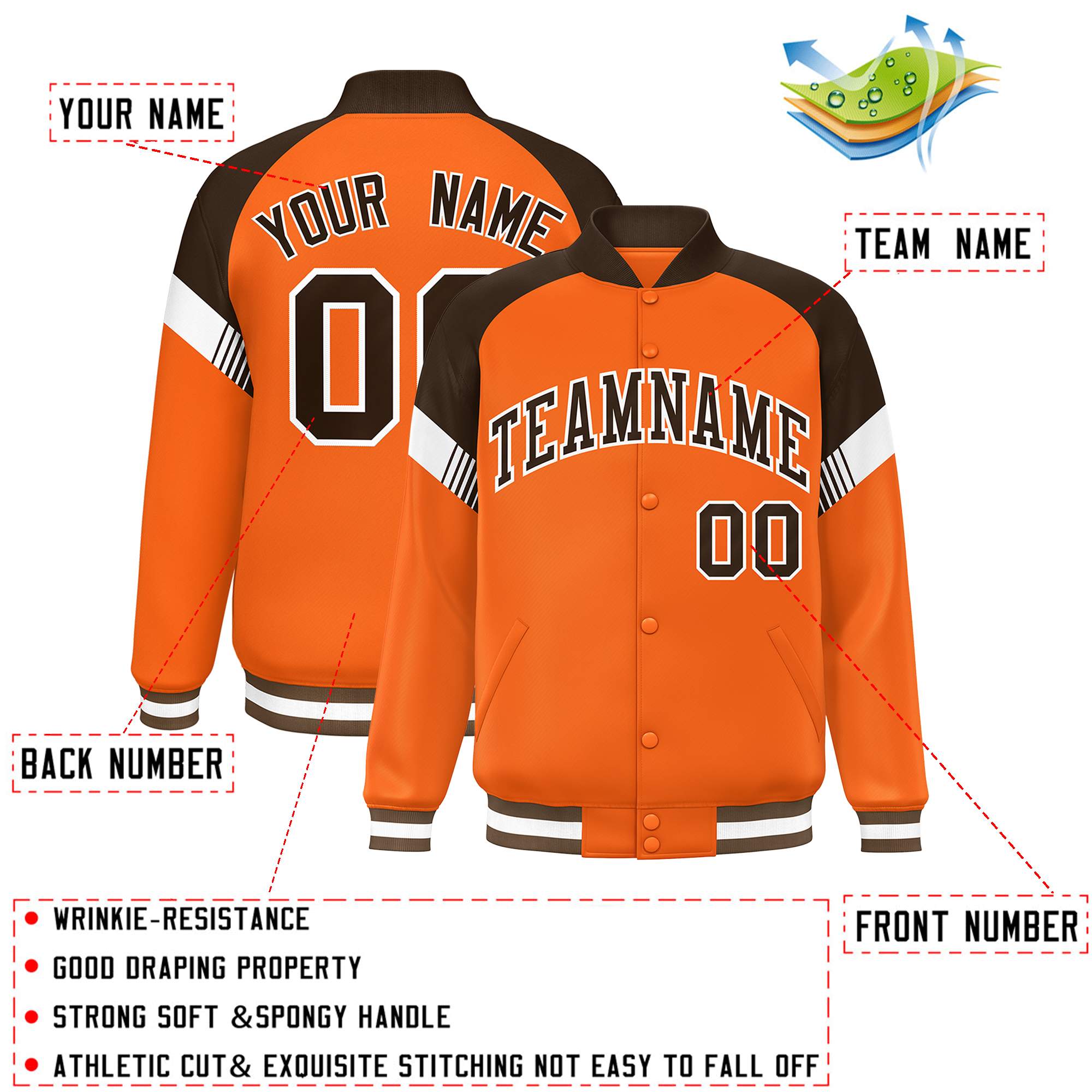 Custom Orange Brown-White Varsity Full-Snap Color Block Letterman Jacket