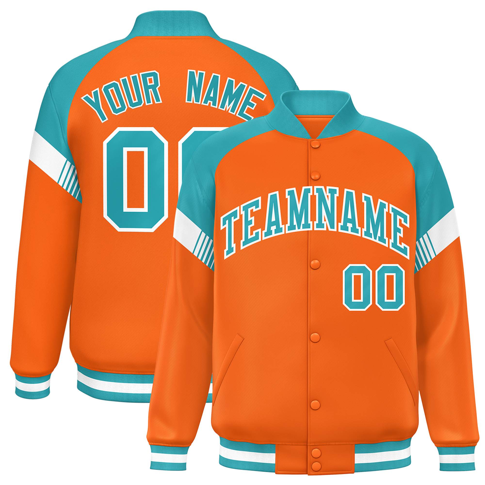 Custom Orange Aqua-White Varsity Full-Snap Color Block Letterman Jacket