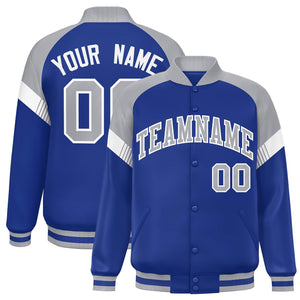 Custom Royal Gray-White Varsity Full-Snap Color Block Letterman Jacket