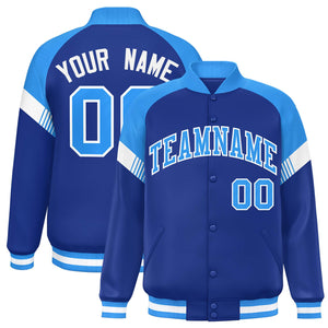 Custom Royal Powder Blue-White Varsity Full-Snap Color Block Letterman Jacket