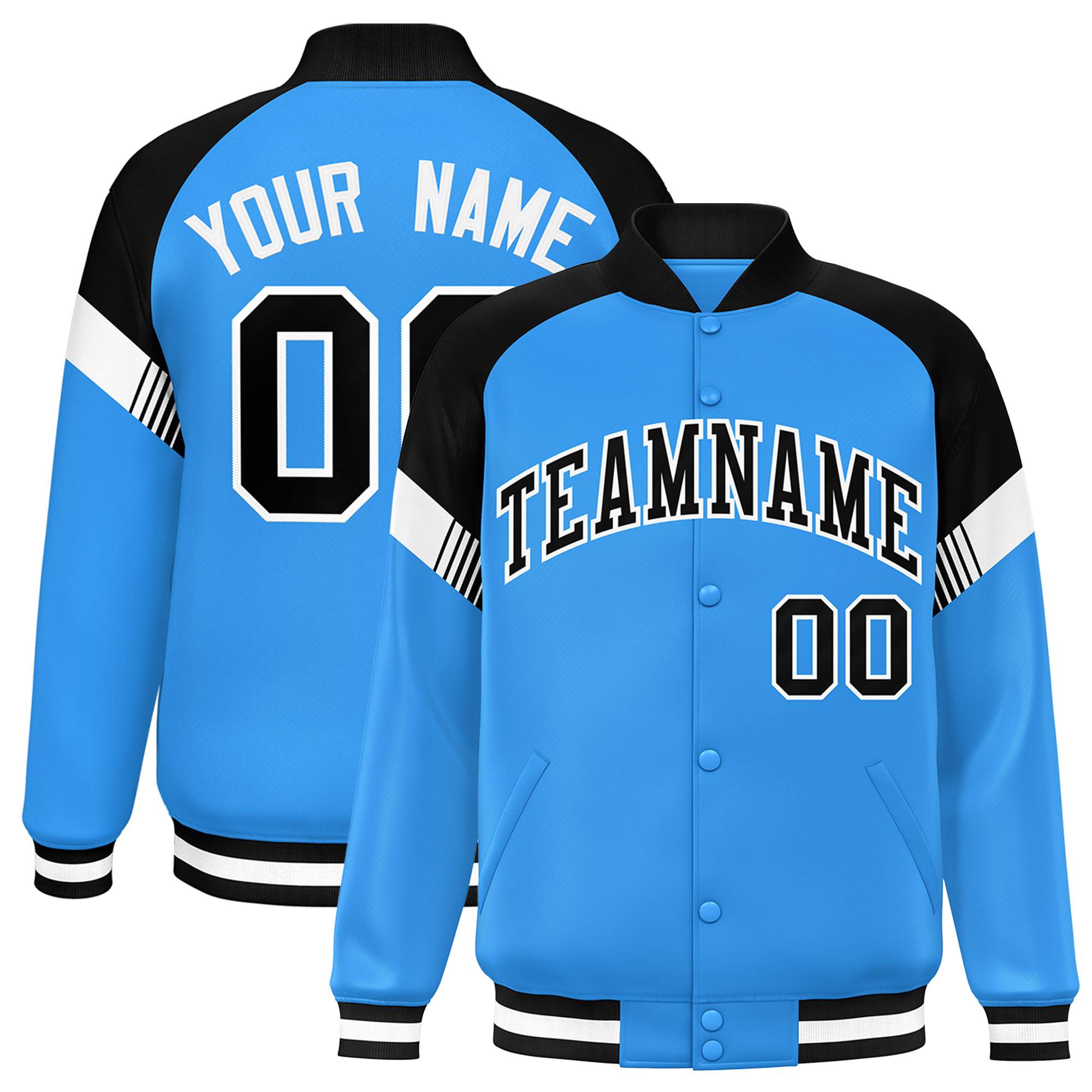 Custom Powder Blue Black-White Varsity Full-Snap Color Block Letterman Jacket