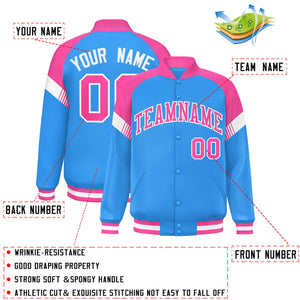 Custom Powder Blue Pink-White Varsity Full-Snap Color Block Letterman Jacket