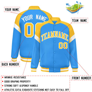 Custom Powder Blue Gold-White Varsity Full-Snap Color Block Letterman Jacket