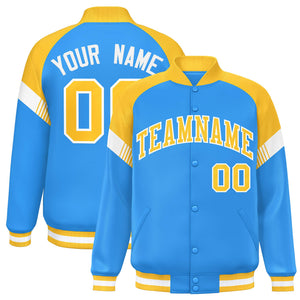 Custom Powder Blue Gold-White Varsity Full-Snap Color Block Letterman Jacket