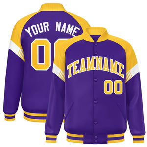 Custom Purple Gold-White Varsity Full-Snap Color Block Letterman Jacket