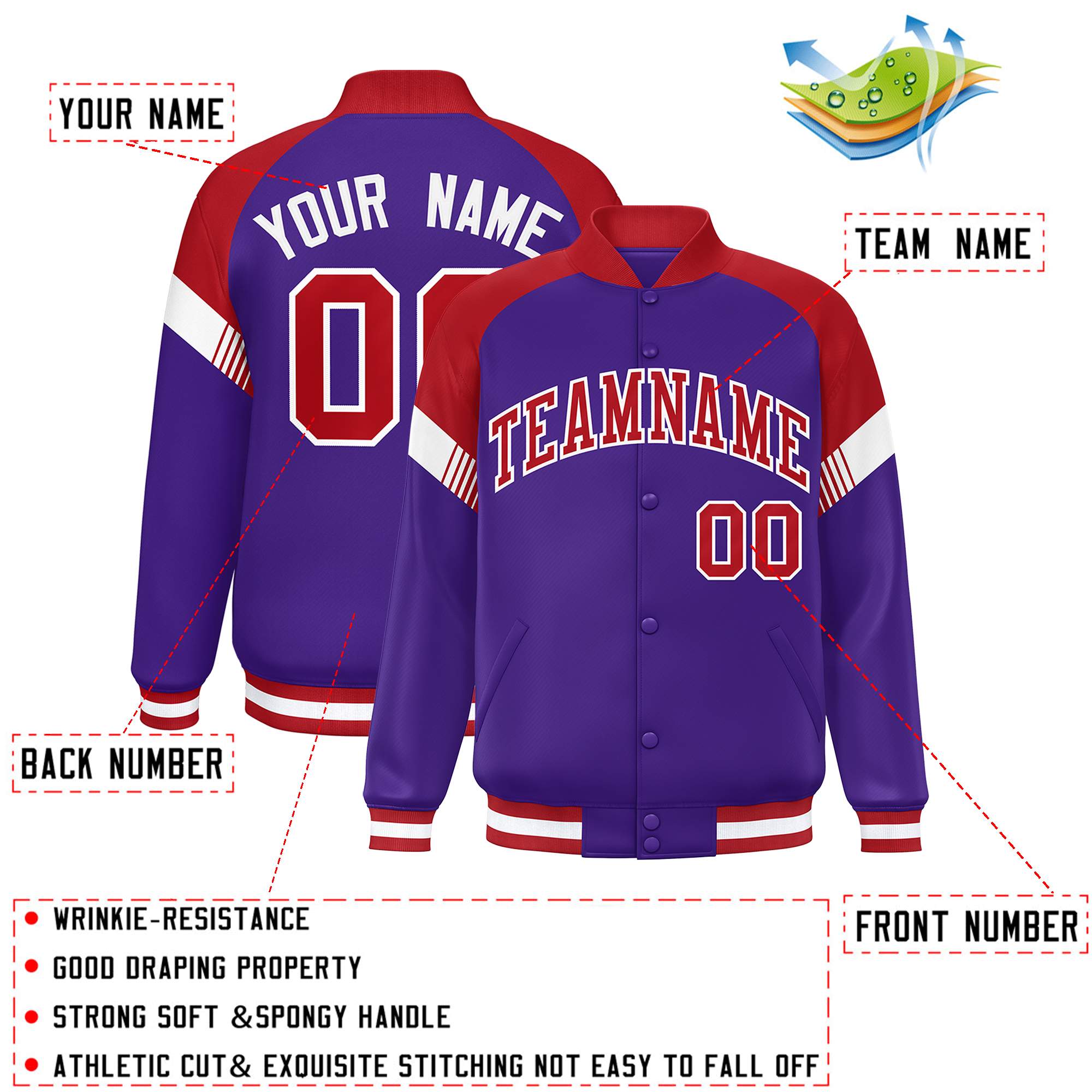 Custom Purple Red-White Varsity Full-Snap Color Block Letterman Jacket