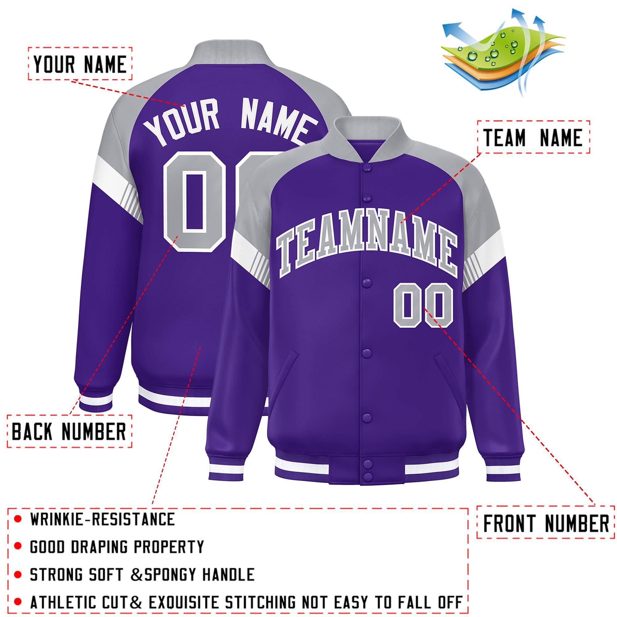 Custom Purple Gray-White Varsity Full-Snap Color Block Letterman Jacket