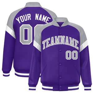 Custom Purple Gray-White Varsity Full-Snap Color Block Letterman Jacket