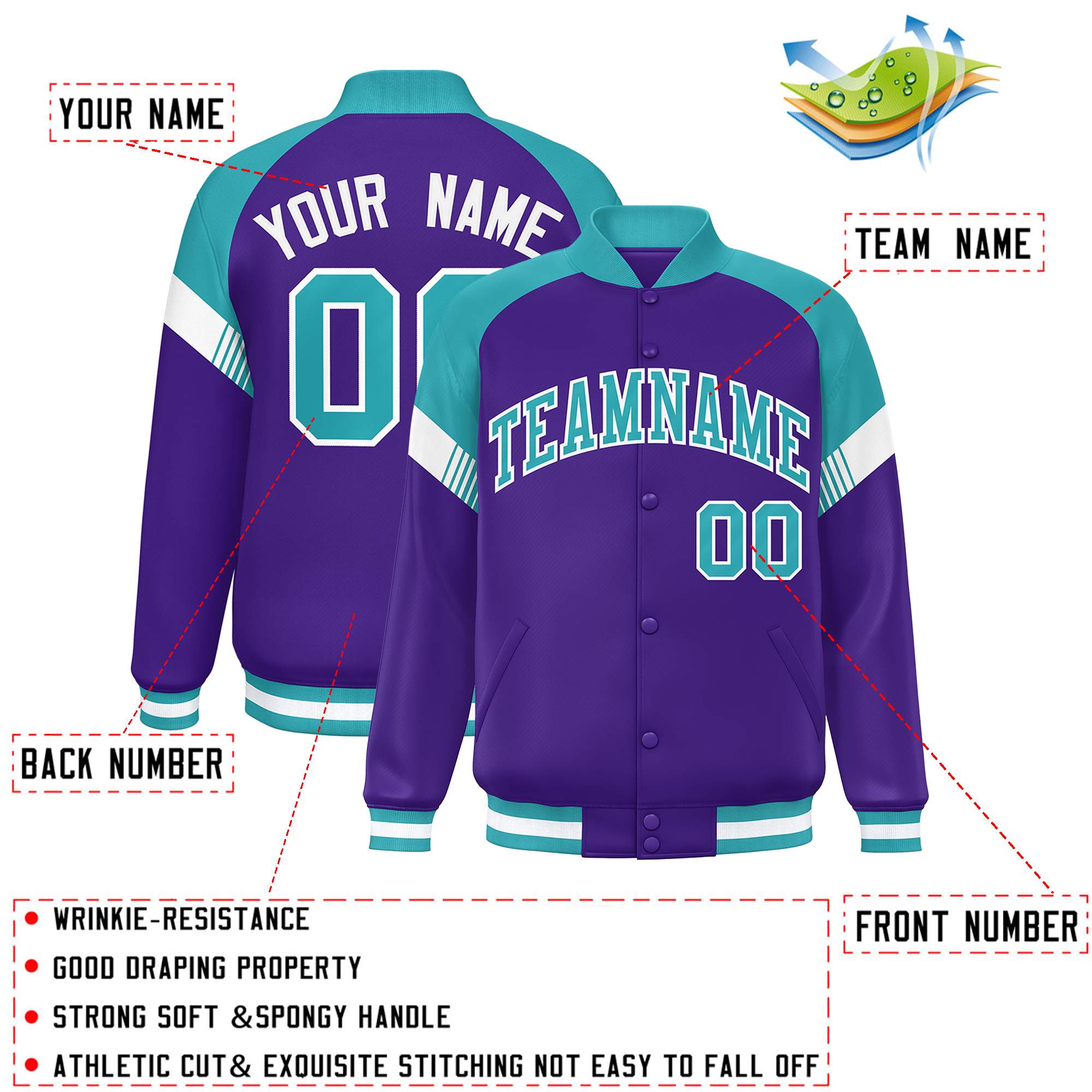 Custom Purple Aqua-White Varsity Full-Snap Color Block Letterman Jacket