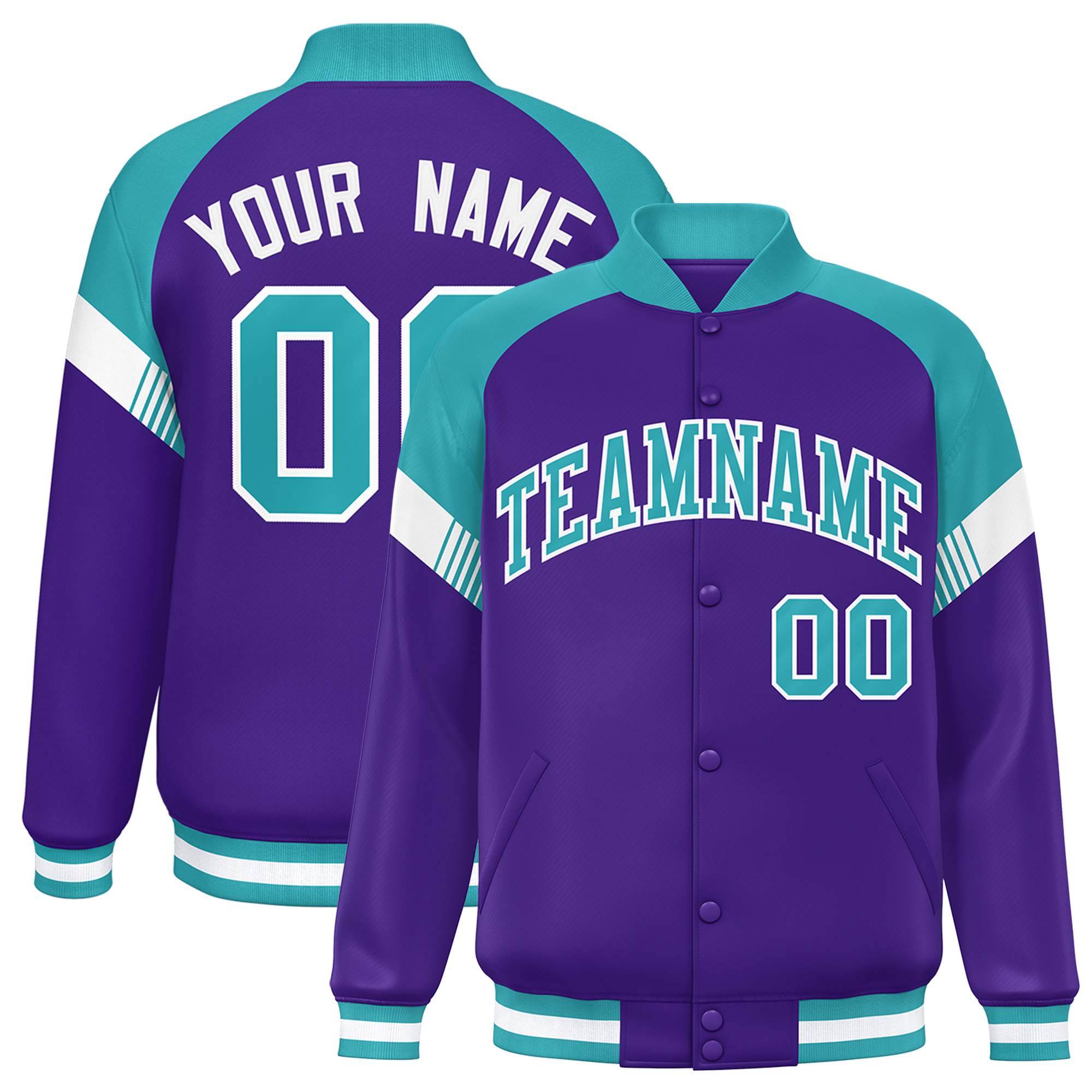 Custom Purple Aqua-White Varsity Full-Snap Color Block Letterman Jacket