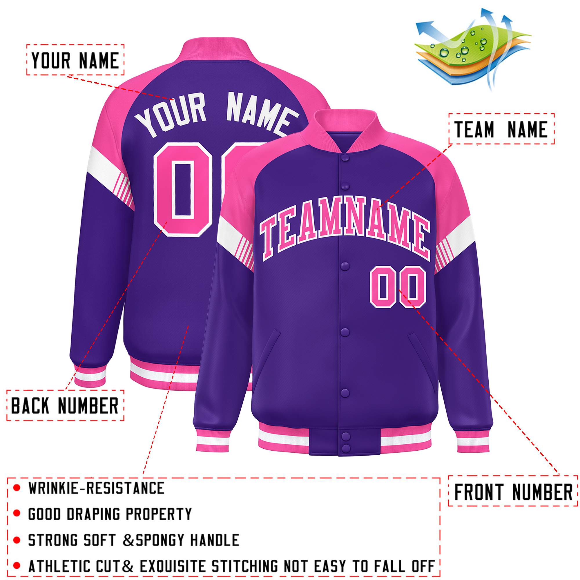 Custom Purple Pink-White Varsity Full-Snap Color Block Letterman Jacket