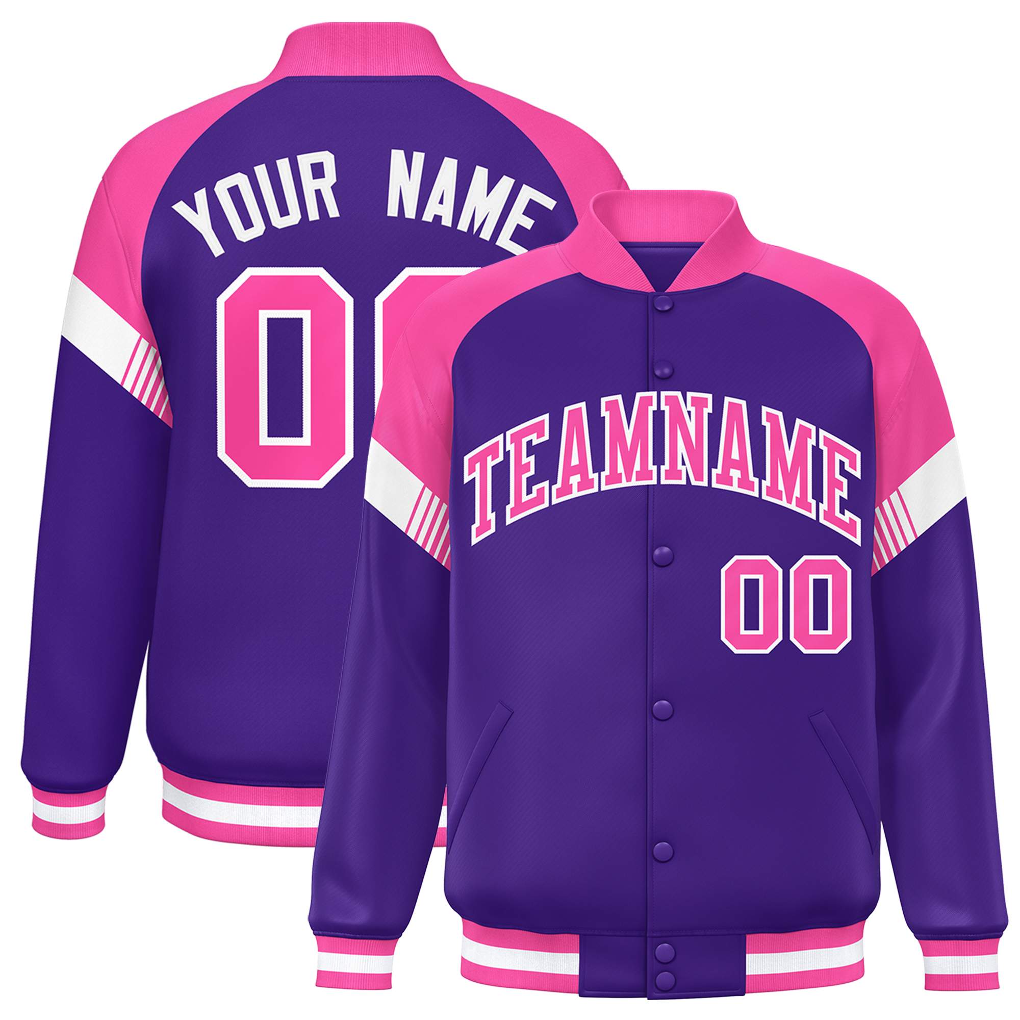 Custom Purple Pink-White Varsity Full-Snap Color Block Letterman Jacket