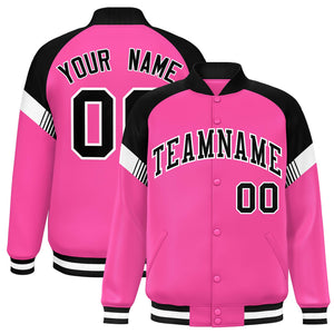 Custom Pink Black-White Varsity Full-Snap Color Block Letterman Jacket