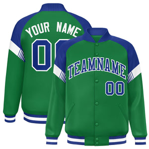 Custom Kelly Green Royal-White Varsity Full-Snap Color Block Letterman Jacket