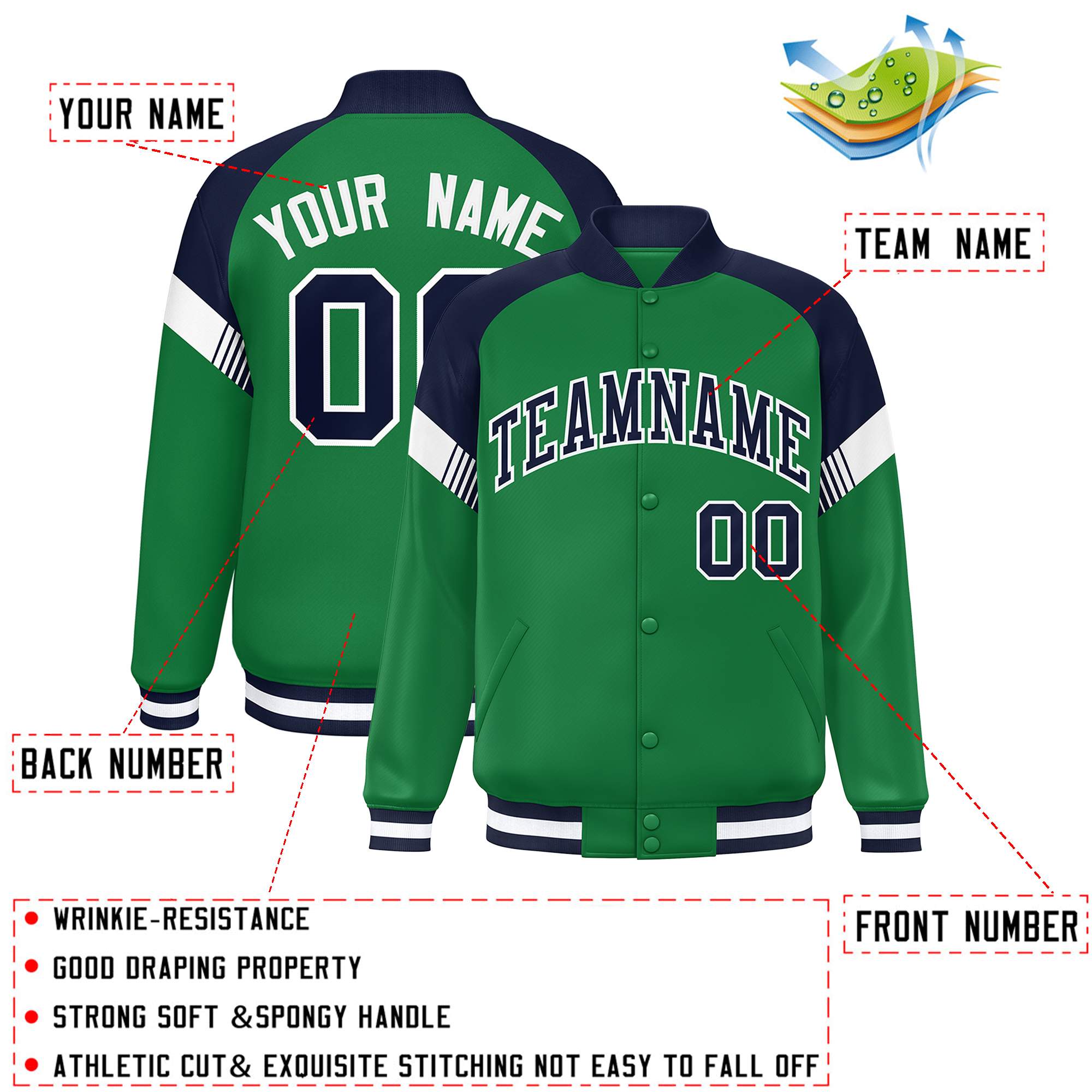 Custom Kelly Green Navy-White Varsity Full-Snap Color Block Letterman Jacket